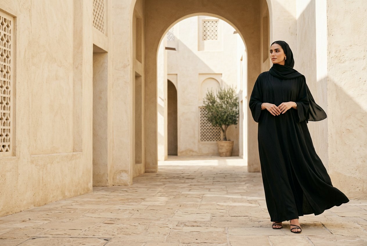 Abhaaya's sculptural black abaya in a sunlit courtyard
